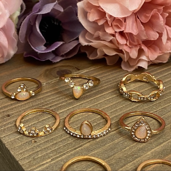 12 Pcs Boho Gypsy Gold, Crystal & Opal Ring Set - Picture 8 of 16